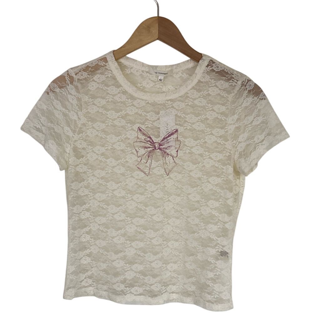 No Comment Cream Floral Lace‎ Purple Bow Graphic Short Sleeve Top RK333810 L